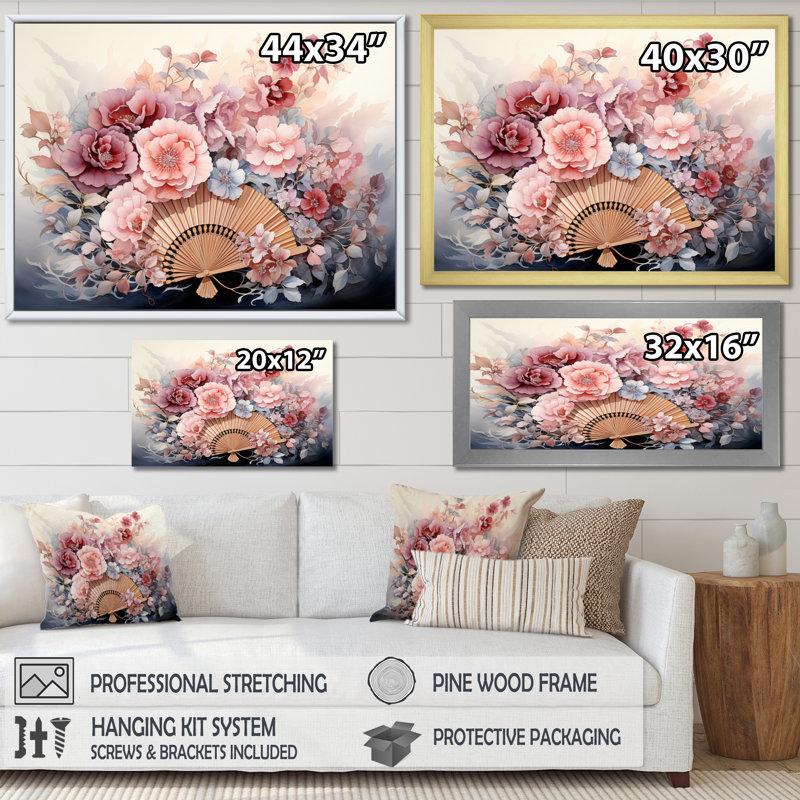 «China Art Silk Fans», reproduction d'art sur porcelaine, H 30 po x l 40 po x P 1,5 po, Cadre simple argenté