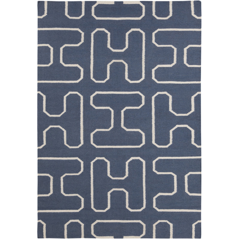 Tapis d'intérieur en laine et coton à motif géométrique réversible à chevrons bleu et blanc Chevella, 5 pi x 7 pi