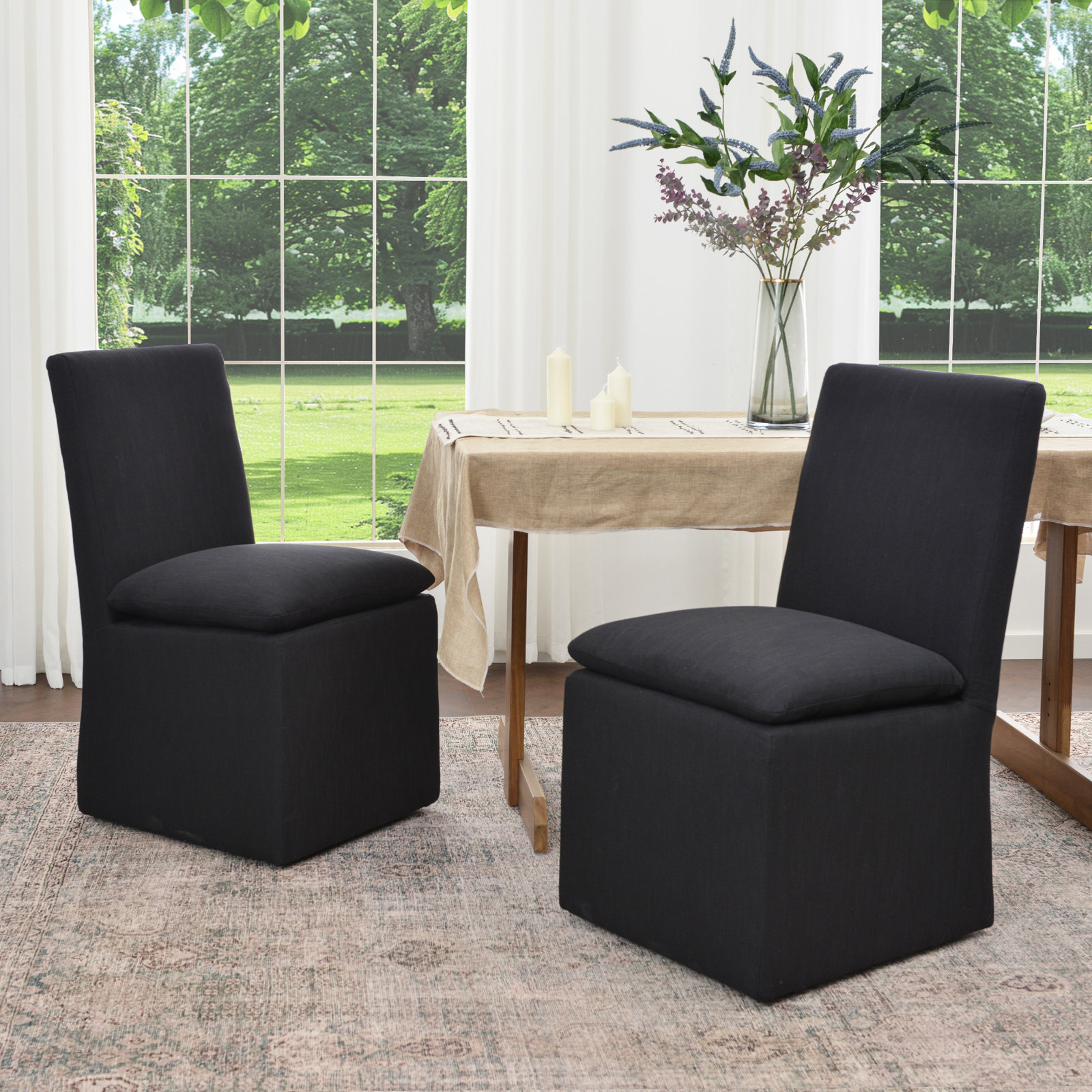 Keaton 21" Wide Modern No Assembly Upholstered Linen Side Dining Chair with Casters, Black