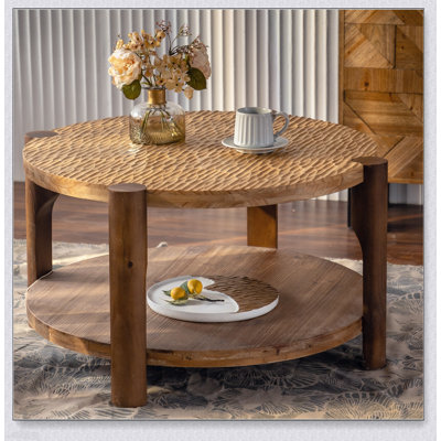 Table basse ronde en bois massif pour le salon, conception à 2 niveaux avec tablette de rangement, style Mid-Century moderne, facile à assembler
