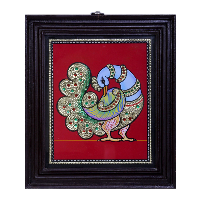 Paon, peinture de Tanjore | Couleurs traditionnelles avec or 24 carats | Structure en bois de teck | Fait à la main