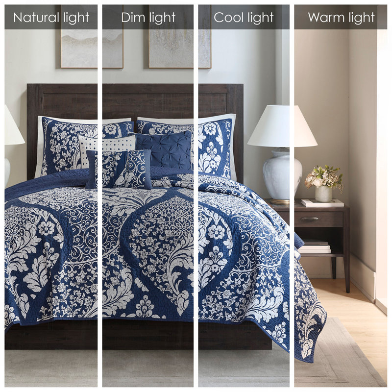 Ensemble de courtepointe en coton 6 pièces avec coussins 6 pièces Indigo, Courtepointe double / grand + 5 pièces supplémen