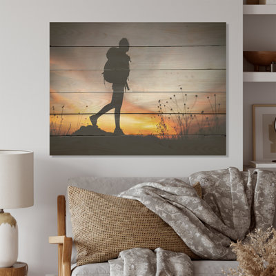 Hiking Mountain Top View - Hiking Wood Wall Art On Natural Pine Wood