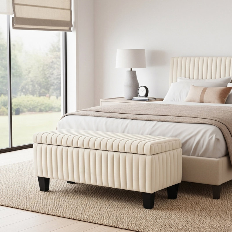 Melrose Upholstered Ottoman Storage Bench, Beige