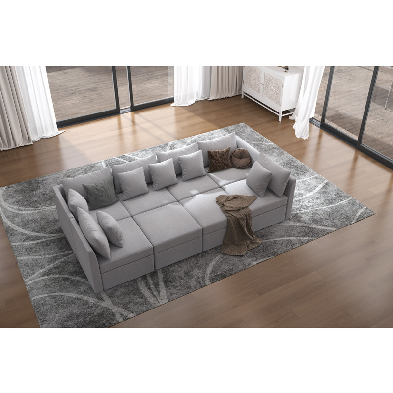 8 - Piece Upholstered Modular Corner Sectional With Storage Ottoman, Light Grey