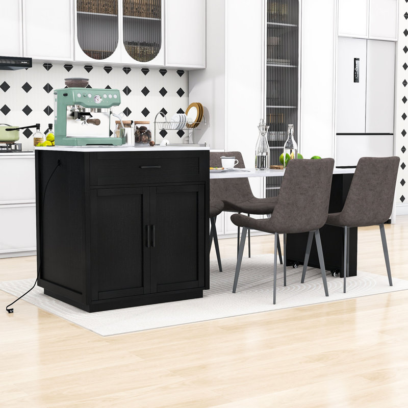 Devinder Wooden Kitchen Island with Extendable Dining Table, Built-in Charging Station and Ample Storage, Black