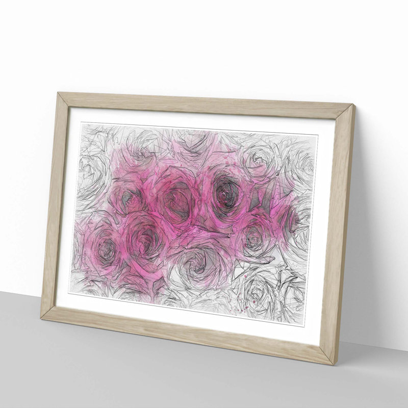 Wall of Bright Pink Roses in Abstract - Picture Frame Graphic Art Print, 60cm H x 91cm W x 2cm D, Oak