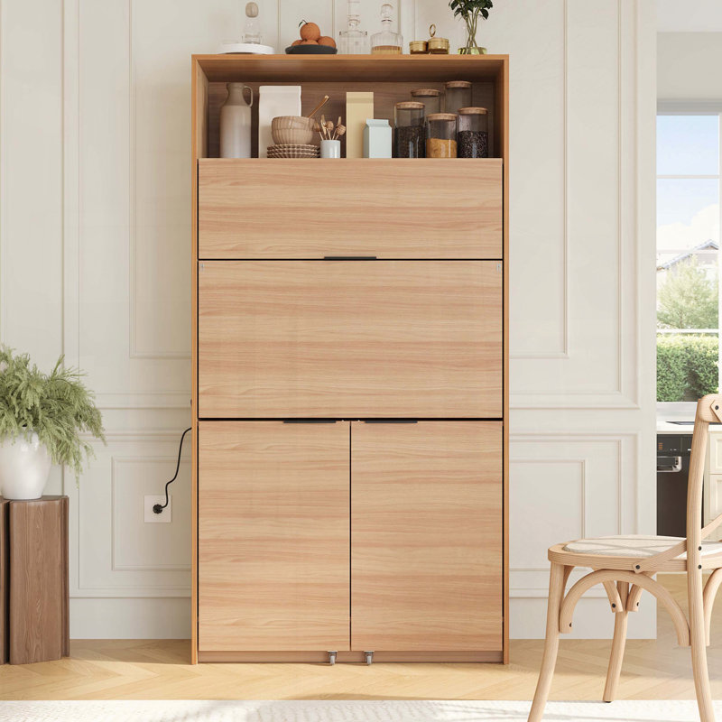 Compact Kitchen Pantry Buffet with Foldable Workstation and Power Outlet, Brown