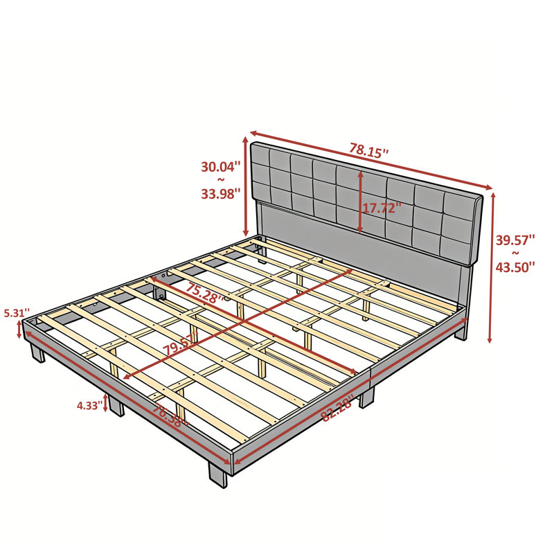 Structure de lit tapissier très grand Gewnee gris foncé avec tête de lit capitonnée en bois pour la chambre, Gris foncé