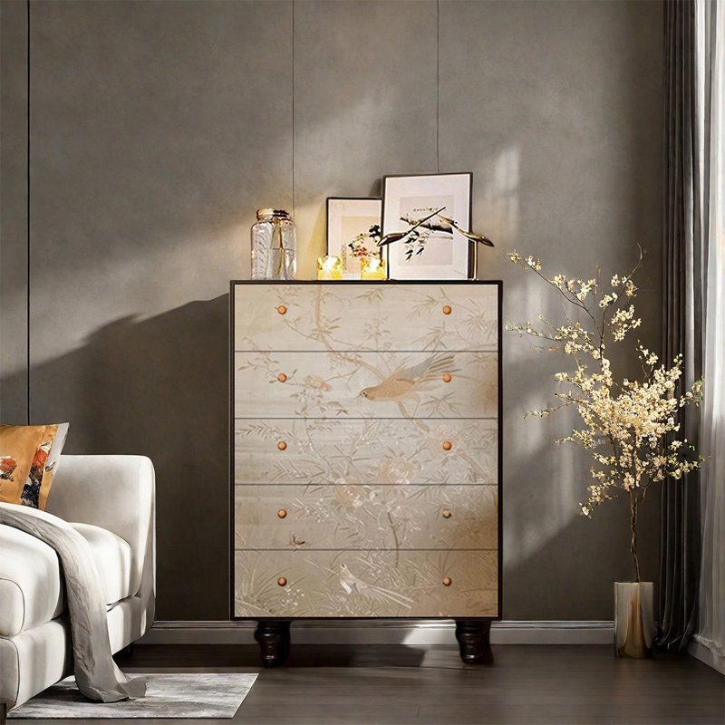 Armoire de rangement à cinq tiroirs en bois de pin, Noir