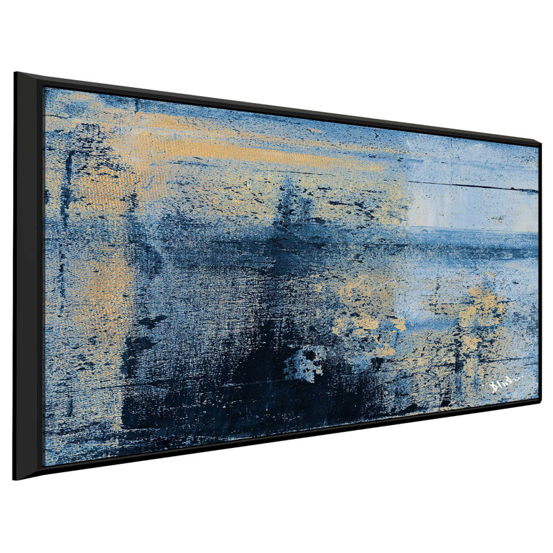 «Gold on Blue Squarel II», reproduction sur toile flottante, H 21,5 po x l 33,5 po x P 2 po, Cadre flottant noir