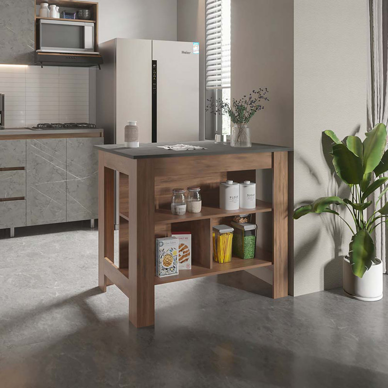  Table pour îlot de cuisine avec tablettes de rangement ouvertes et poste de travail Brooklyn, Onix, Brun