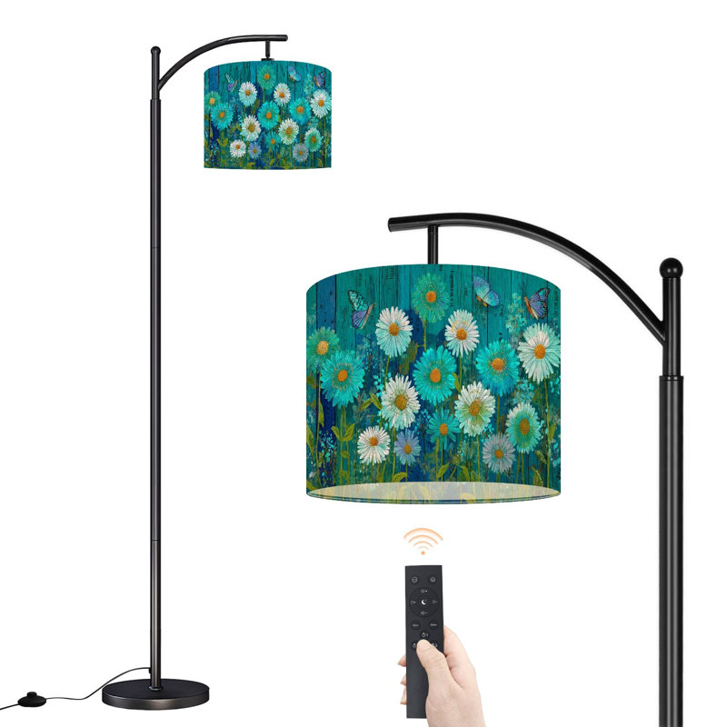 Lampe sur pied à arc avec abat-jour réglable avec marguerites florales, papillons et clôture rustique sur pied