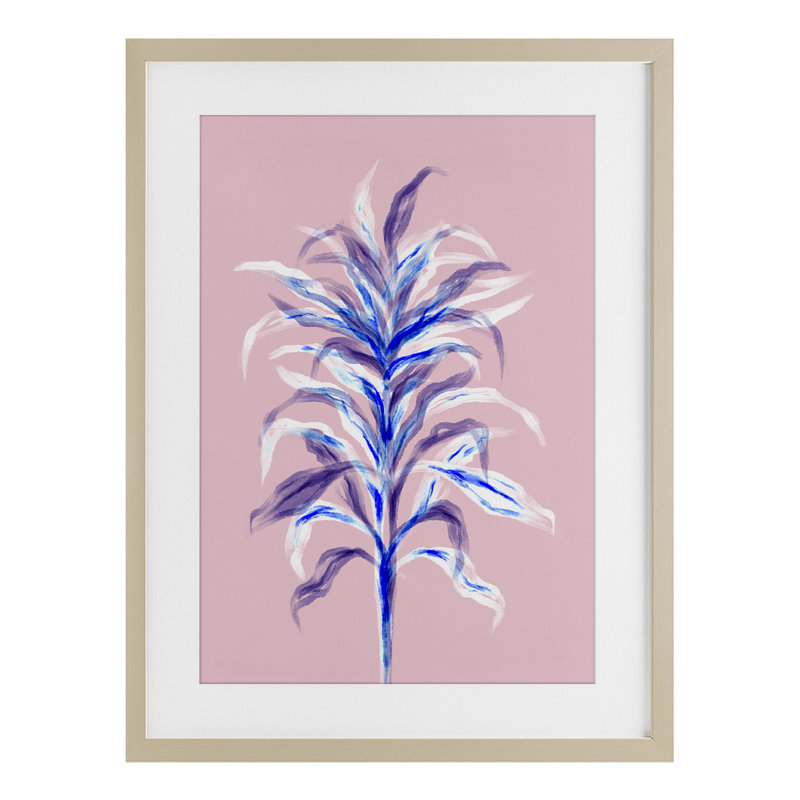 Bambou rose avec feuilles, reproduction sous verre, design par Martina Pavlova, H 23 po x l 17 po, Cadre de récolte en pin