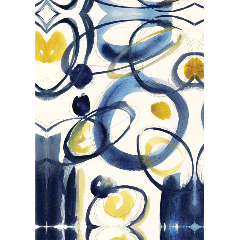 Bleu jaune abstrait aquarelle II - peinture sur toile tendue, H 18 po x l 12 po, Toile encadrée noire, Non
