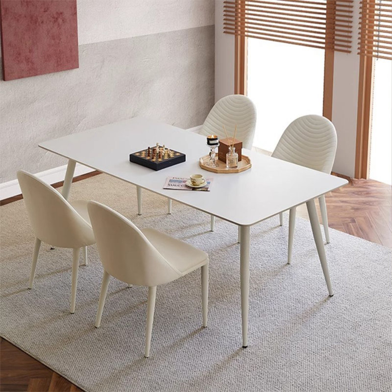 White  Rectangular Sintered Stone tabletop with Carbon Steel Dining Table For Dining Room/Kitchen