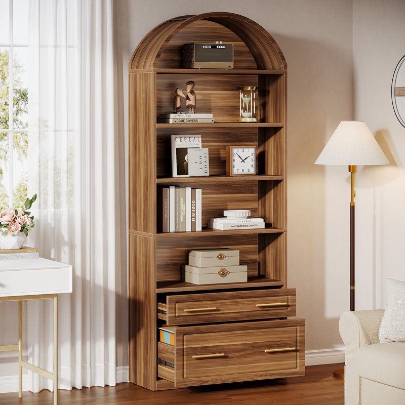 78.77'' Tall Bookcase With Drawers, Walnut Brown