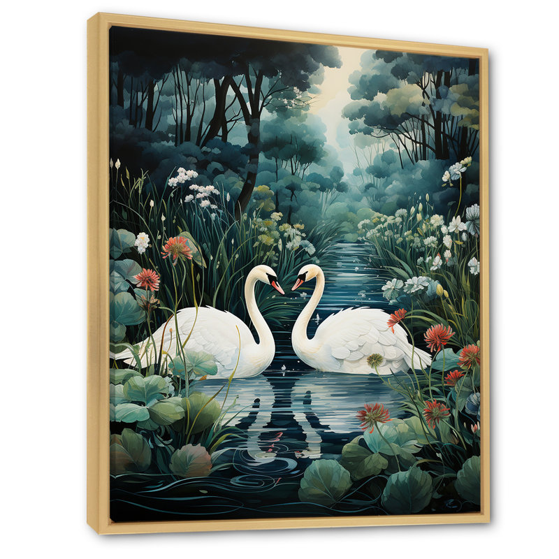 Cygnes, amour éternel, art mural sur toile, H 32 po x l 24 po, Cadre naturel flottant