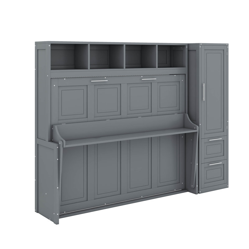 Grand lit escamotable avec placard et tiroirs, Gris
