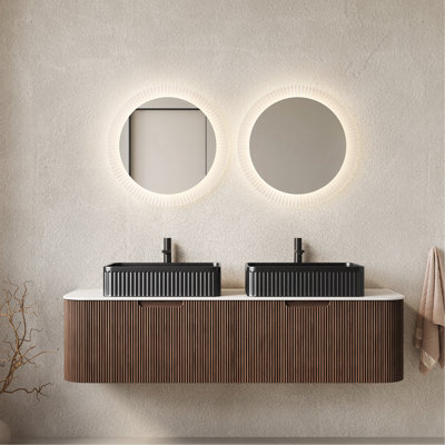 60" Bathroom Vanity&Sinks, Floating Curved Edges Striped Storage Cabinet with 2 Drawers, 2 Black Rectangular Ceramic Basins&White Sintered Stone Top, Pre-assembled Dark Walnut