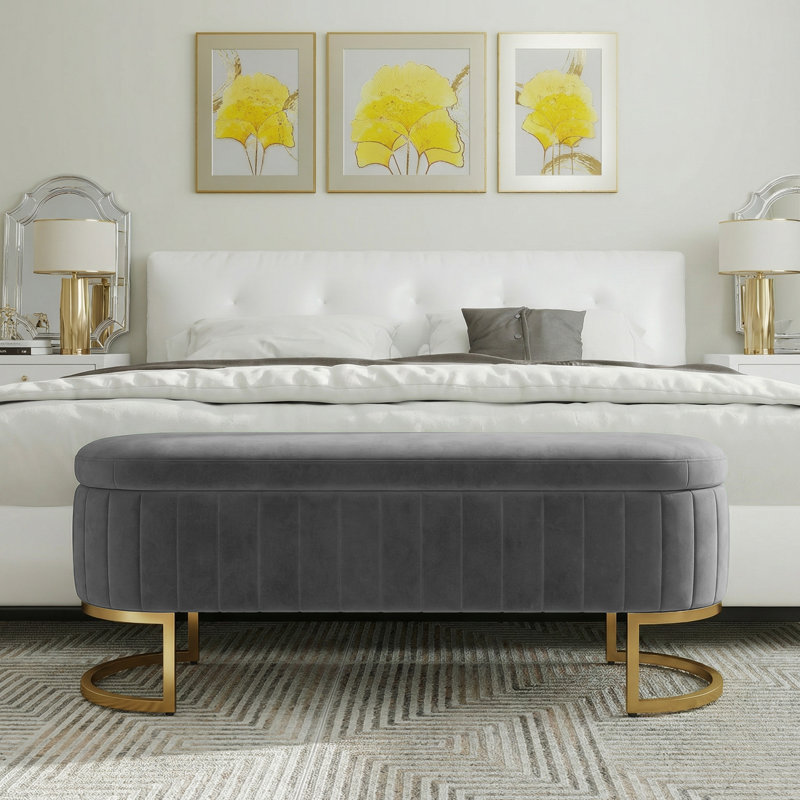 65" Storage Bench with Gold Legs,Velvet End of Bed Bench for Living Room, Window, Entryway, 18.1" H x 65" W x 16.54" D, Gray