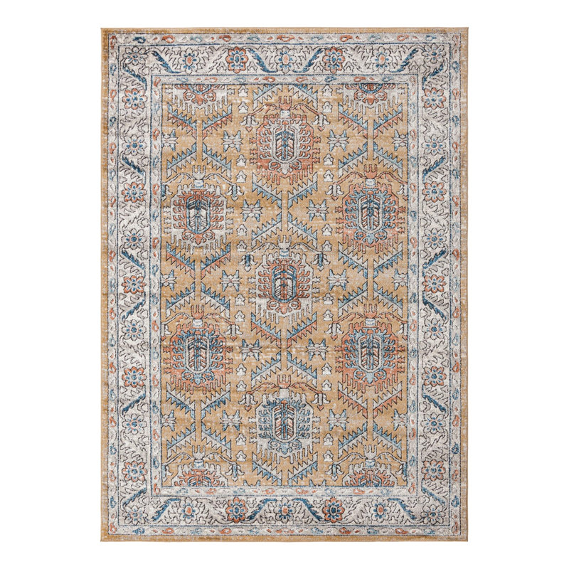 Weingartner Performance Mustard Yellow/Ivory/Blue Rug, Rectangle 6' x 9'