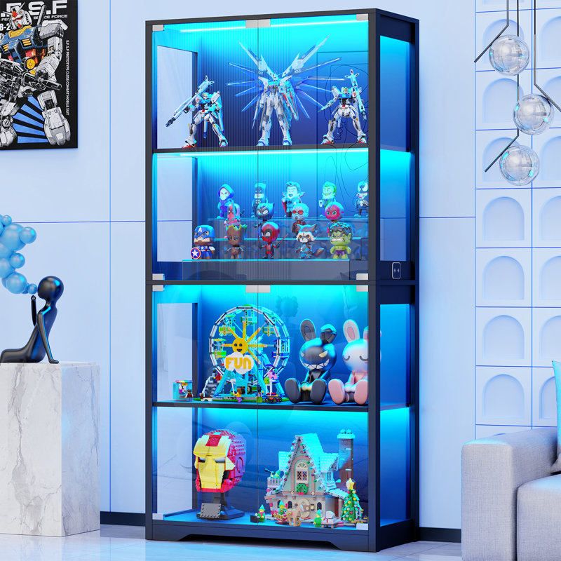  Vitrine avec portes en verre, vitrine à 4 niveaux, vitrine avec 3 lumières colorées pour objets de collection, armoires de rangement avec capteur de corps humain