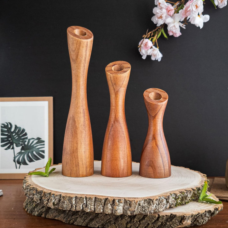 9'' H Wood Tabletop Candlestick, Brown