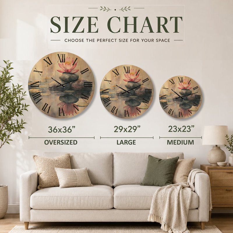 Très grande horloge murale en bois Boho - Pierres équilibrées avec reflet de lotus, Medium