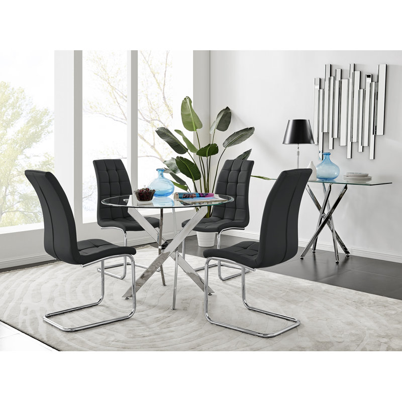 Tierra Modern Chrome Metal & Glass Round Dining Table Set with 4 Modern Faux Leather Chairs, Black