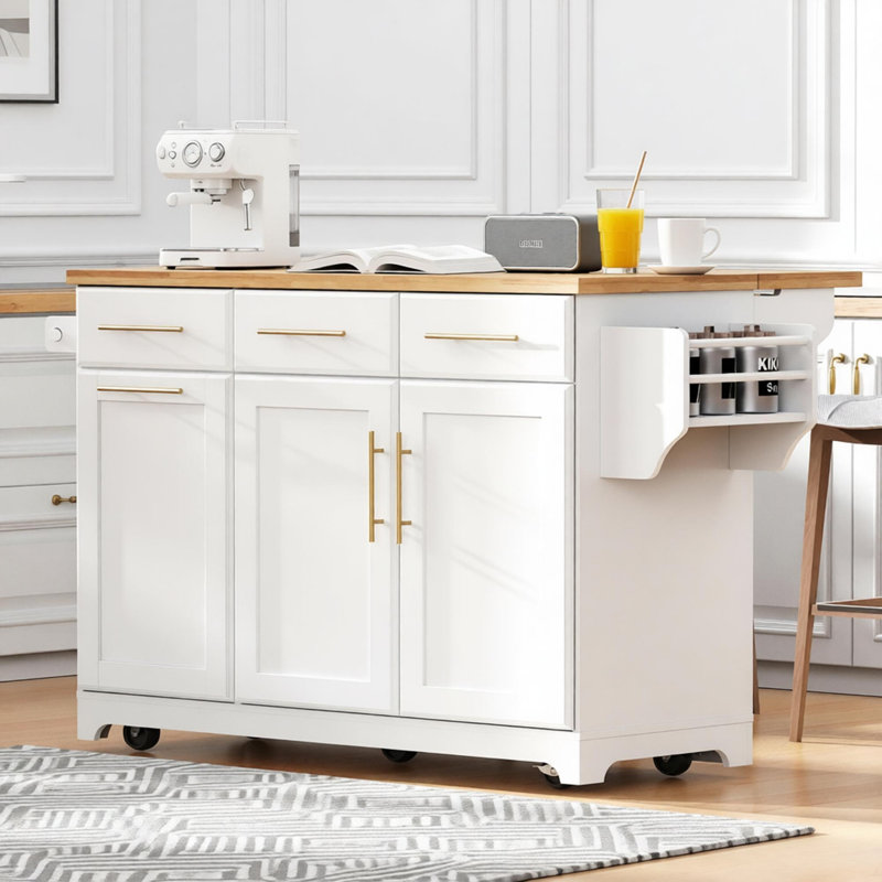Îlot de cuisine 59,3 po avec rangement 2 armoires coulissantes et rallonge en bois d'hévéa, îlot de cuisine roulant avec rangement pour poubelle, prise de courant, support à épices et à serviettes pour la cuisine, la salle à manger
