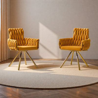 Ensemble de 2 chaises de salle à manger tressées en velours de luxe moderne avec pieds en métal doré, fauteuil rembourré avec dossier en corde tissée pour la salle à manger, le salon ou la chambre à coucher