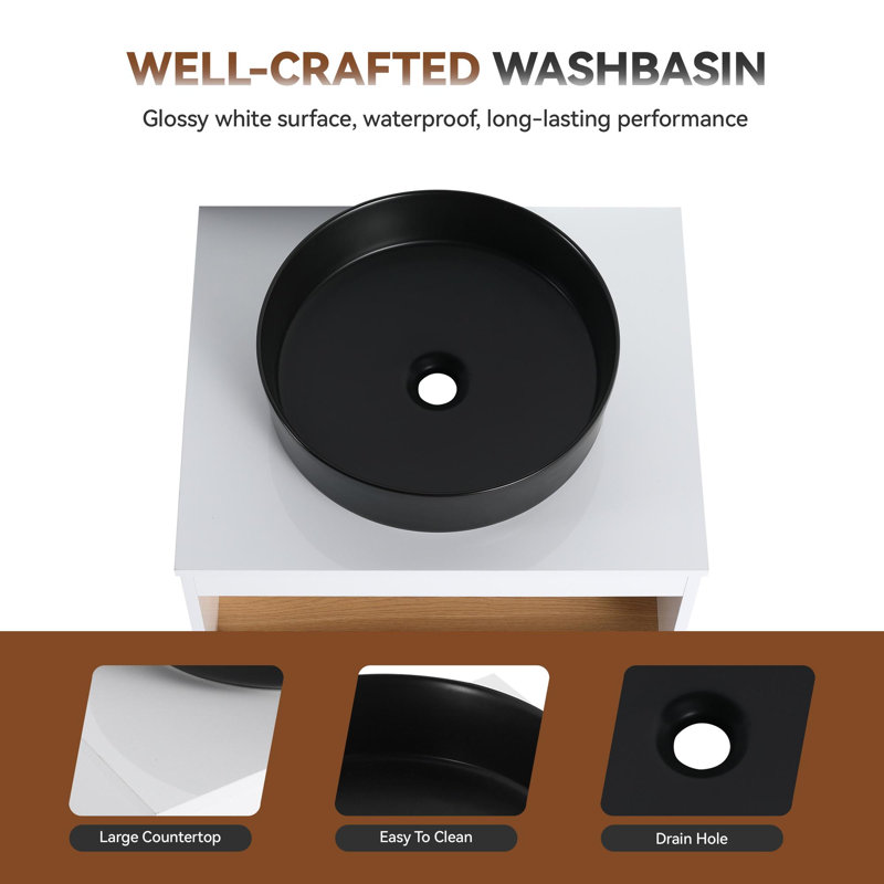 Meuble-lavabo mural 24 po avec lavabo en céramique et compartiments de rangement ouverts, 24, Noir mat
