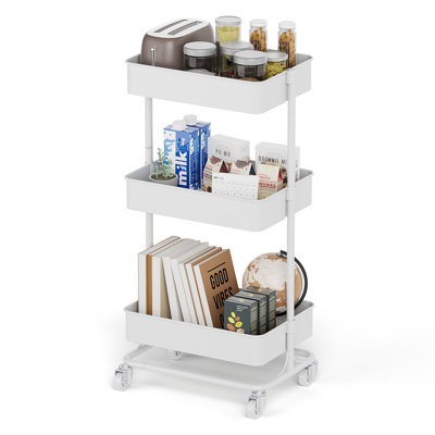 3-Tier Large Metal Rolling Utility Cart With Silent Wheels, Adjustable Storage Organizer, White