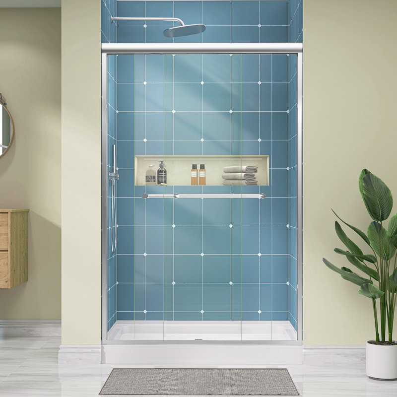 44"-48" W X 72" H Semi-Frameless Double Sliding Reversible Shower Glass Door With Clear Tempered Glass, Brushed Nickel