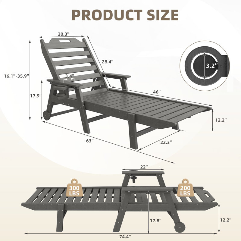 Oversized Outdoor Lounge Chair – HDPE All-Weather Chaise Lounge with 6 Positions, 500-LBS Capacity, Wheels, and Cup Holder for Deck, Poolside, or Backyard，Gray