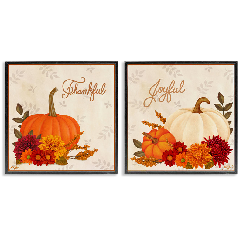 «Joyful Thankful Sentiment Pumpkin», ensemble de 2 giclées encadrées par Mardell Schuster, Giclée encadrée noir minuit
