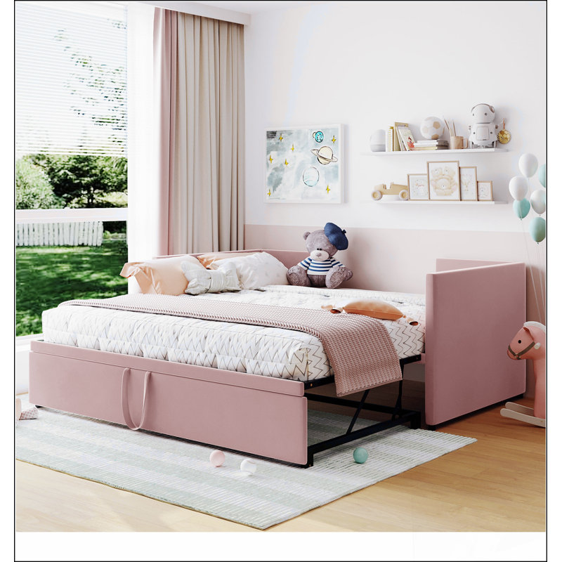 Lit de jour rembourré avec lit gigogne escamotable, dossier moelleux et design élégant pour le confort et le confort, Rose