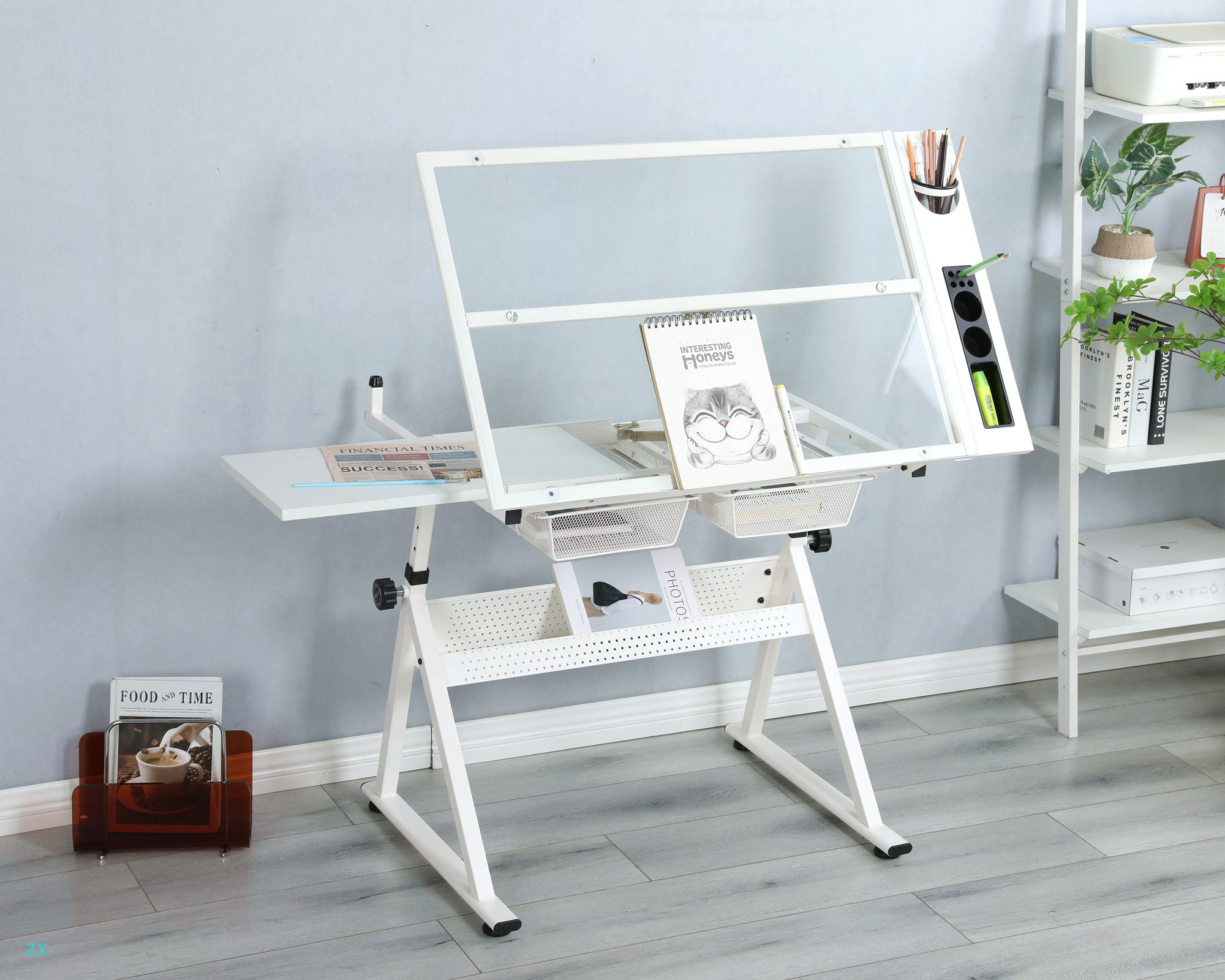Inbox Zero Adjustable Tempered Glass Drafting Printing Table With Chair ...