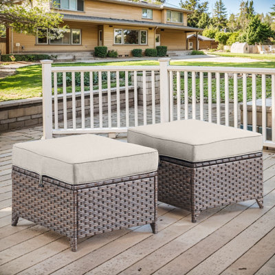 Jenesys Outdoor Wicker Patio Ottomans Set - 2 Pieces Rattan Footrests With Thick Cushions