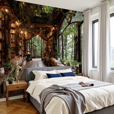 Papiers peints et adhésifs magiques inspirés de la bibliothèque dans une cabane dans les arbres, Éclairage chaleureux, peintures murales vertes, H 100 po x l 144 po, papier mural amovible en PVC, auto-adhésif, pour chambre à coucher, bureau à domic