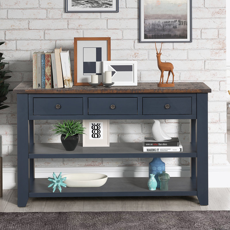 48'' Solid Pine Wood Top Console Table, Modern Entryway Sofa Side Table With 3 Storage Drawers And 2 Shelves. Easy To Assemble (Navy Blue + Brown Top