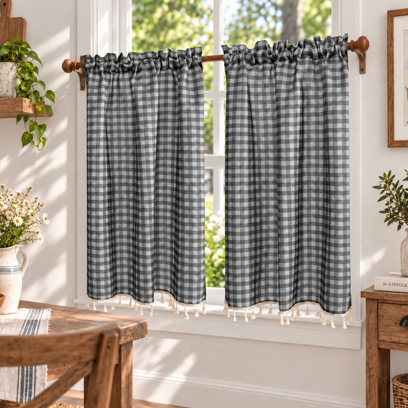 Cantonnière en mélange de lin double avec fermeture autoagrippante et passe-tringle, ensemble de 2 panneaux, 24" H x 34" W