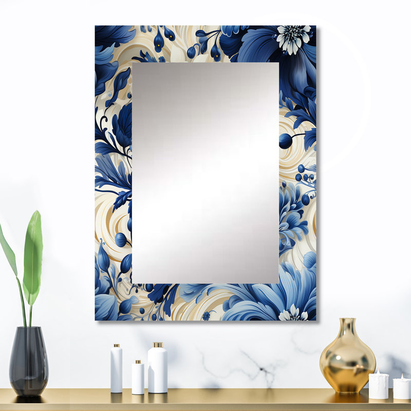 Kurtz Romantic Cobalt Blue Swirls Victorian Pattern - Floral Mirror, Cottage Decorative Wall Mirror, Printed Metal Art