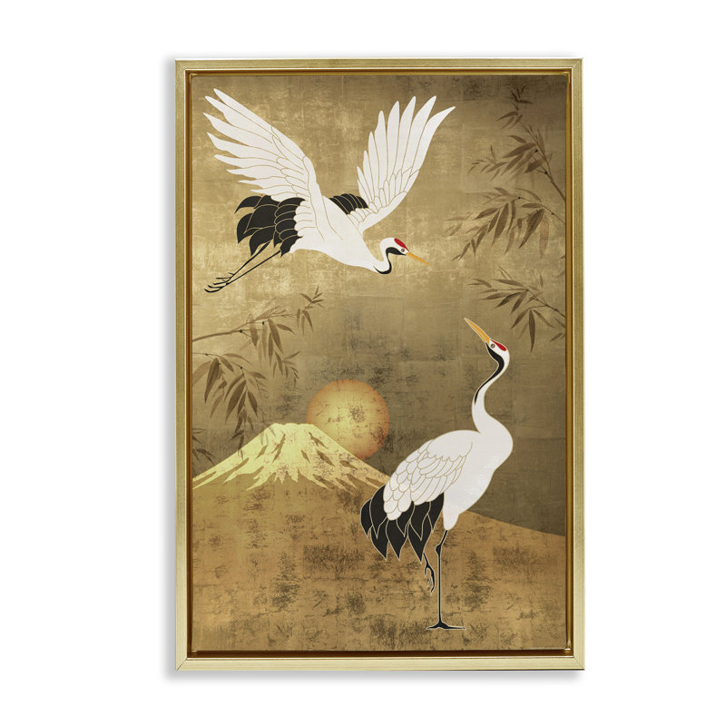 Grues traditionnelles et toile flottante encadrée par Reinders, Cadre flottant métallique doré, H 31 po x l 21 po
