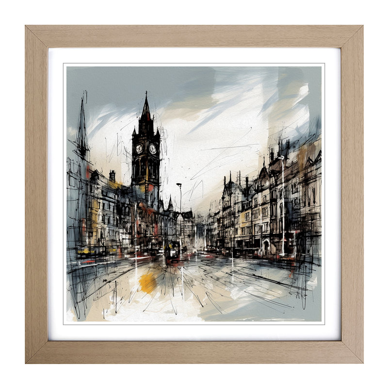 City Of Manchester Gestural Art No.3 - Single Picture Frame Print on Wood, Oak