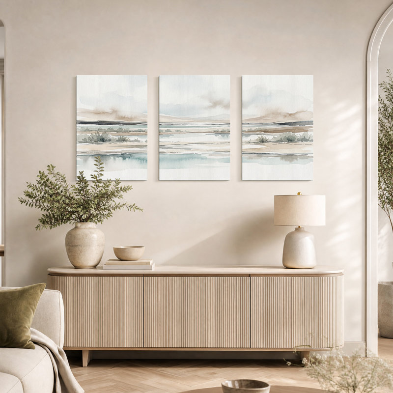 Ensemble de 3 toiles murales représentant un paysage aquarelle aux tons doux avec des buissons de sauge, 36"H x 24"W x 3pcs