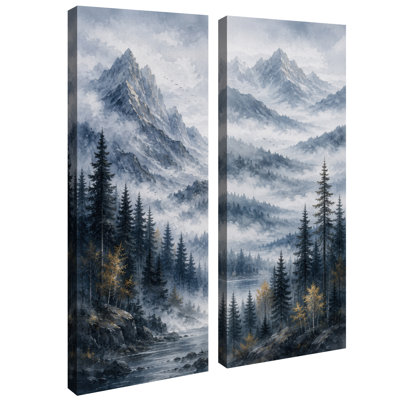 Forêt de pins brumeuse des montagnes bleues et grises – Ensemble de 2 impressions d'art encadrées sur toile 32 po x 12 po x 2