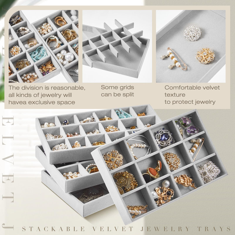 12 pièces de plateau à bijoux en velours empilable avec plateau de rangement pour bijoux et boucles d'oreilles divisées (gris)