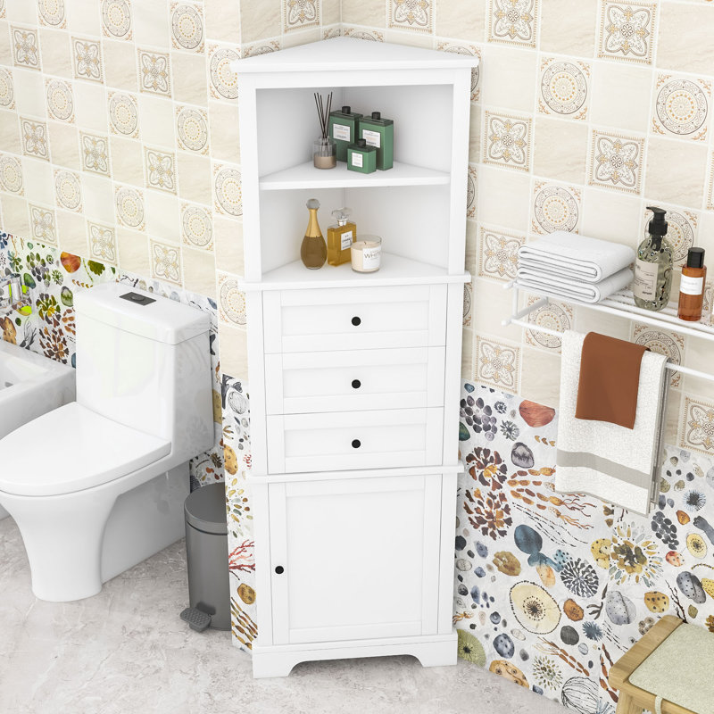 Triangle Bathroom Corner Cabinet with Adjustable Shelves, Triangle Drawers and Enclosed Storage, White